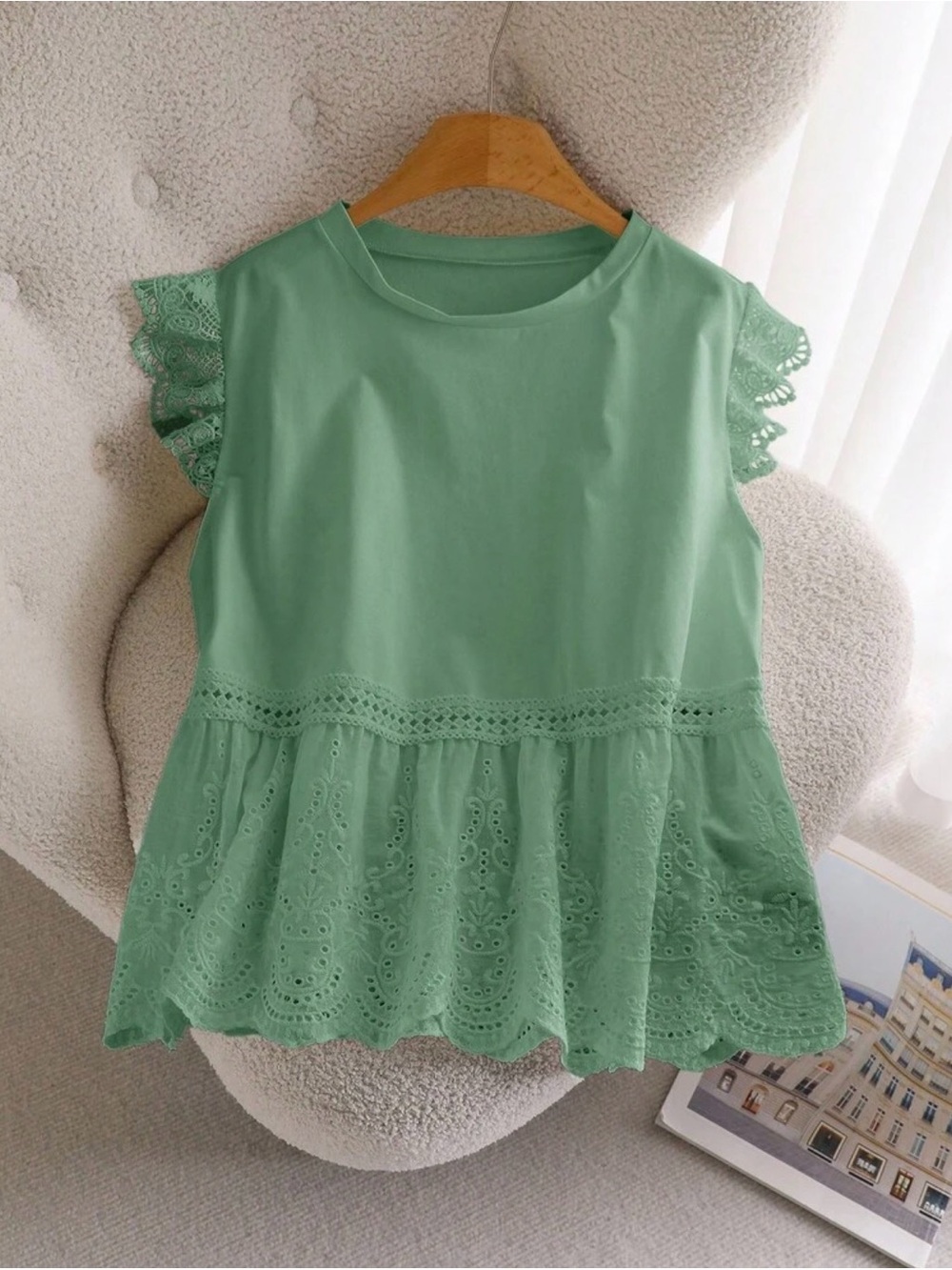 Lace-Trim Peplum Top - Mint Green